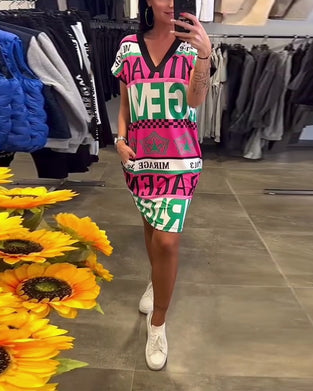 Klänning Tryckt V-Ringad Kortärmad