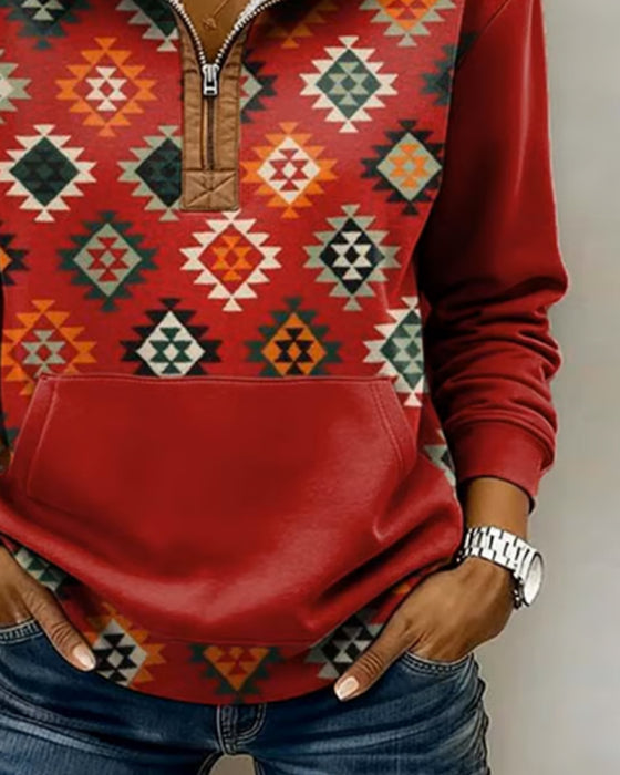 Sweatshirt Med Halv Dragkedja Färgblockad Design Och Ficka