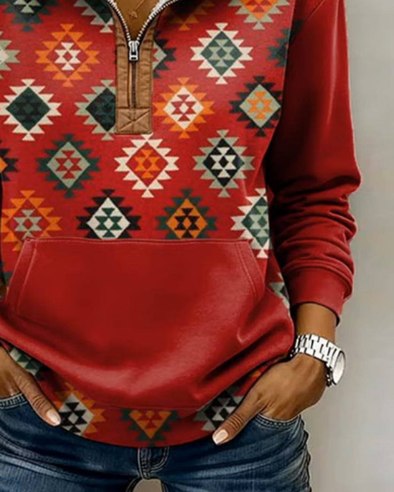 Sweatshirt Med Halv Dragkedja Färgblockad Design Och Ficka