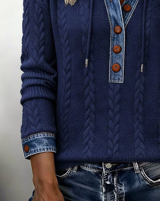 Färgblockad Långärmad Hoodie Med Knappar