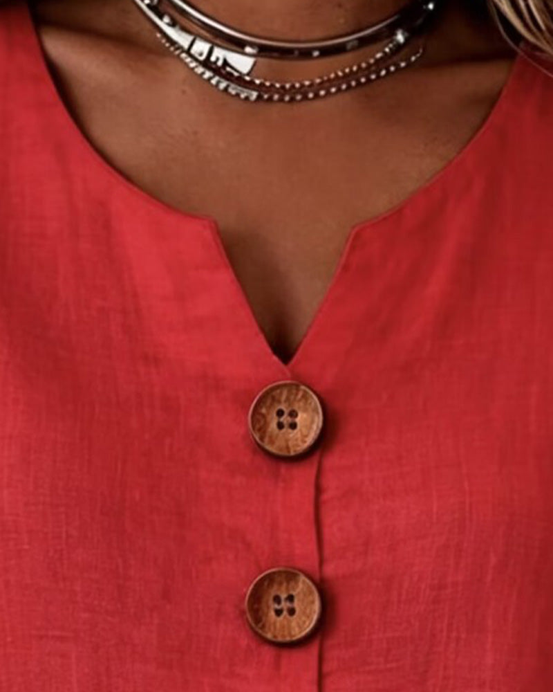 Linne Treknapp Ärmlös Enfärgad