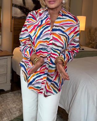 Skjorta Krage Långärmad Färgglad Blommig