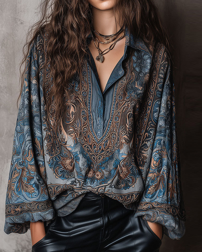 Blus Retro Tryck V-hals Krageslag Sofistikerad