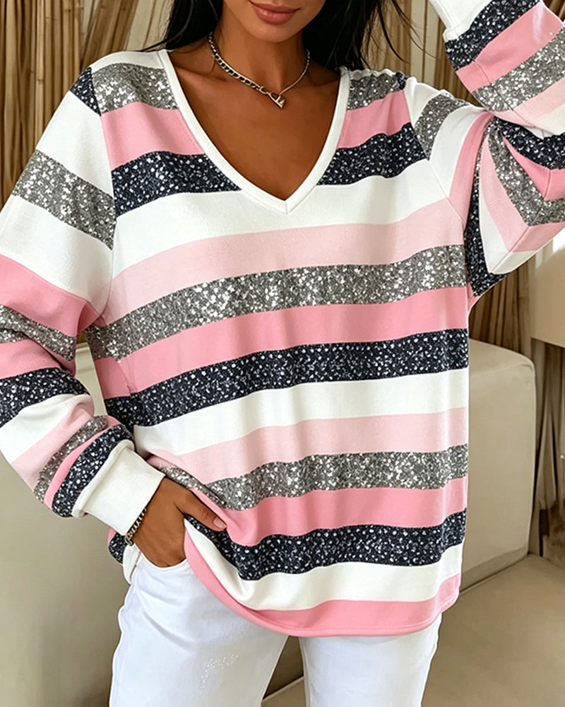 Sweatshirt V-Hals Färgblock Rand Casual