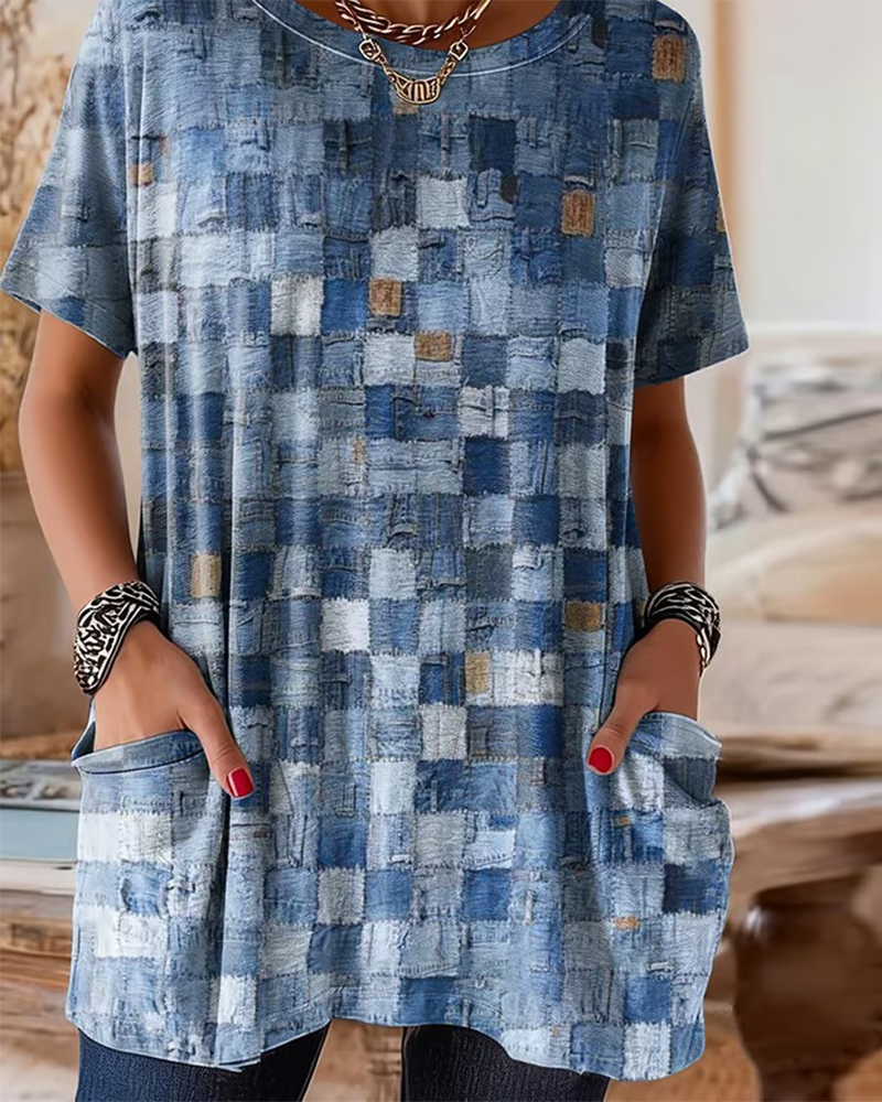 T-Shirt Färgad Ruta Tryck Kort Ärm