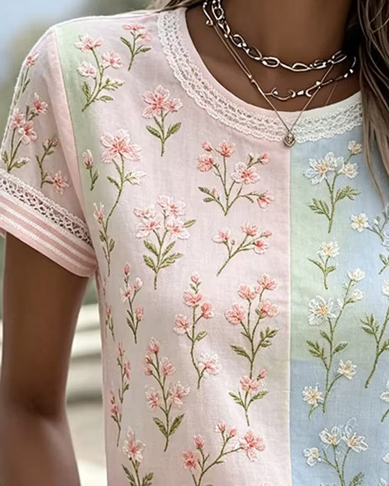 Blus Spets Patchwork Kontrast Blommig