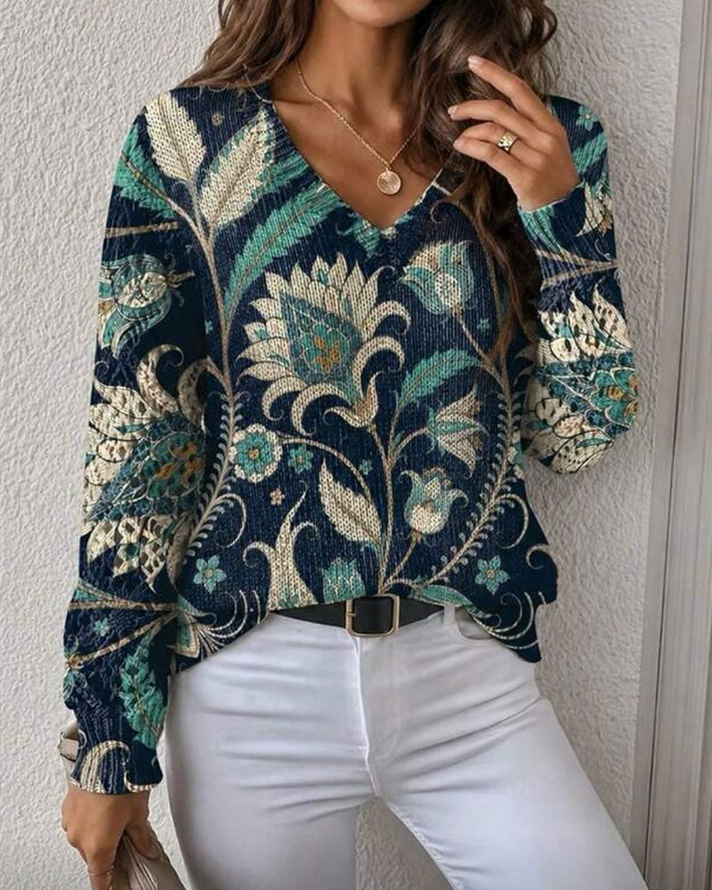 Pullover V-Hals Långärmad Blommig Tryck