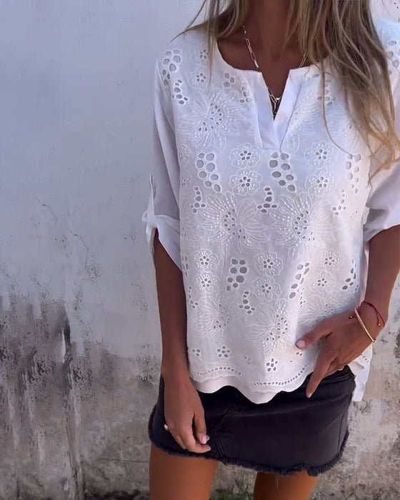 Blus Enfärgad Patchwork Tryckt Uppvikbar Ärm