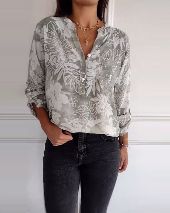 Patchwork topp med paljetter med bladtryck