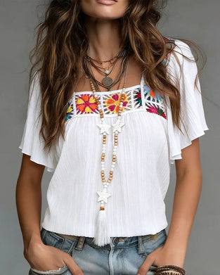 Färgglad Kortärmad Blus Med Fyrkantskrage