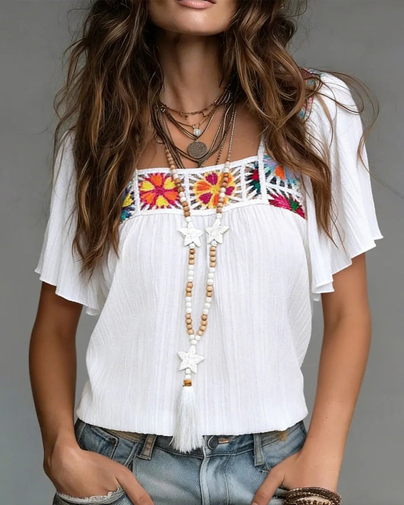 Färgglad Kortärmad Blus Med Fyrkantskrage