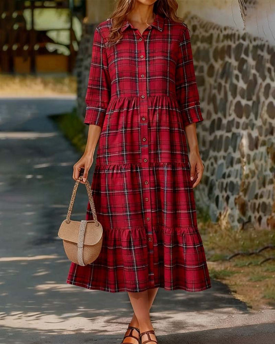 Klänning Plaid Sju-Kvart Ärm Skiktad