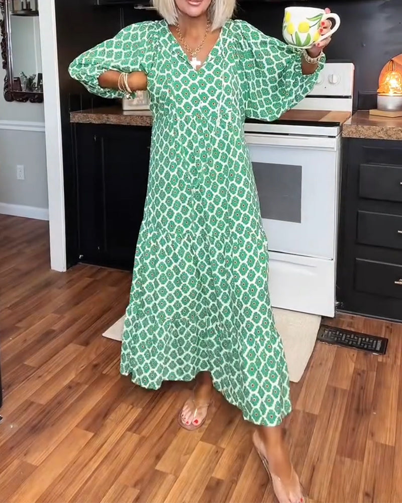 Klänning Diamant Tryck V-Hals Maxi Skiktad