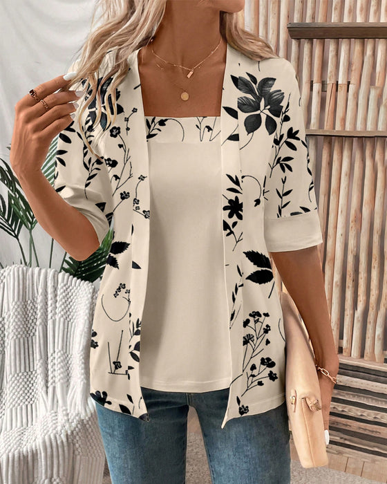 Elegant Falsk Två-del T-shirt med Blommermönster
