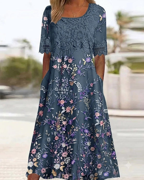 Klänning Spets Blommönster Patchwork A-Linje