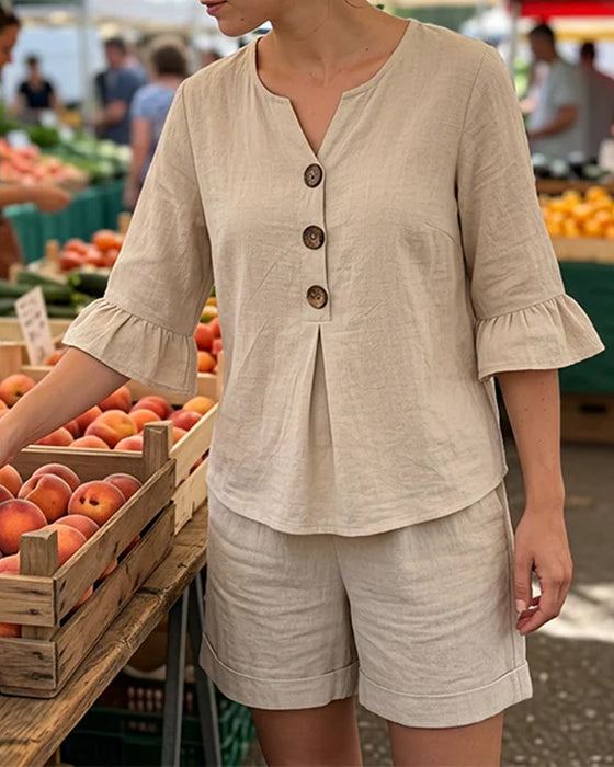 Set Ruffle Knapp Kort Ärm Shorts