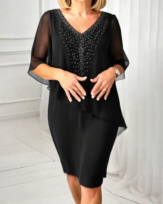 Klänning Casual V-Hals Rhinestone