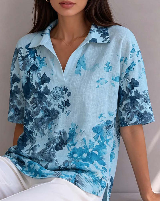 Blus Bläck Tvätt Blommig Slag Halvknäppning