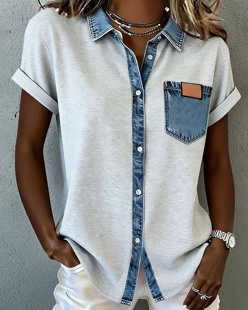 T-Shirt Denim Patchwork Nedfällbar Krage