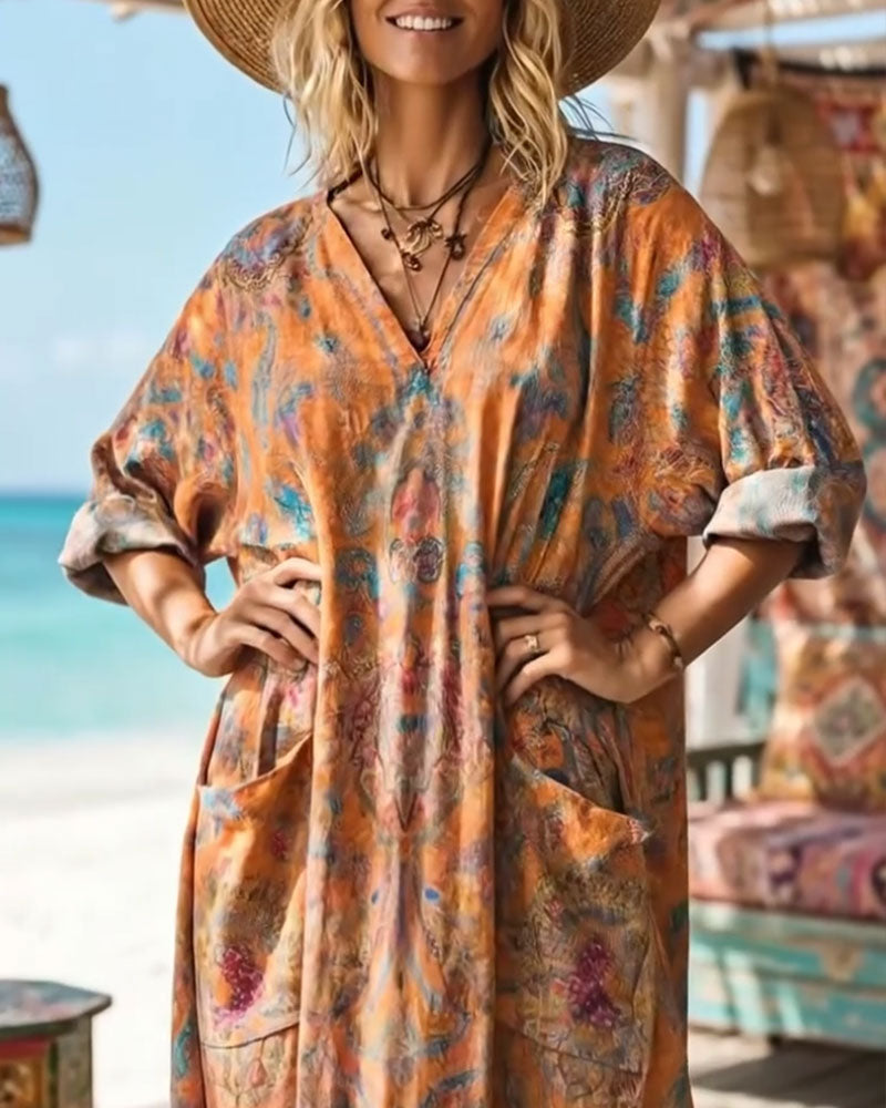 Klänning Retro Blommigt Tryck V-ringning Maxi