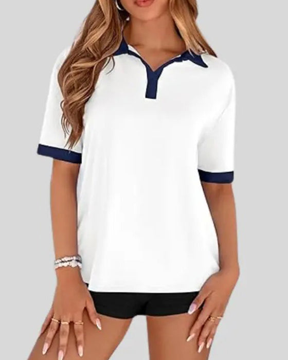 T-Shirt Polo Krage Färgblock Kortärmad