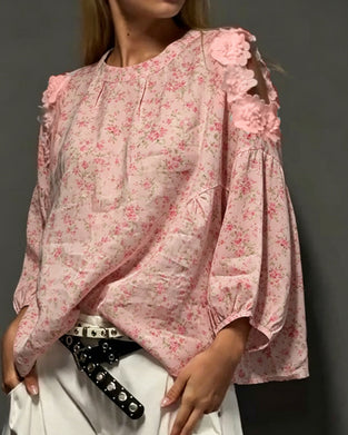 Blus Rund Hals Off-Shoulder Blommig Löss