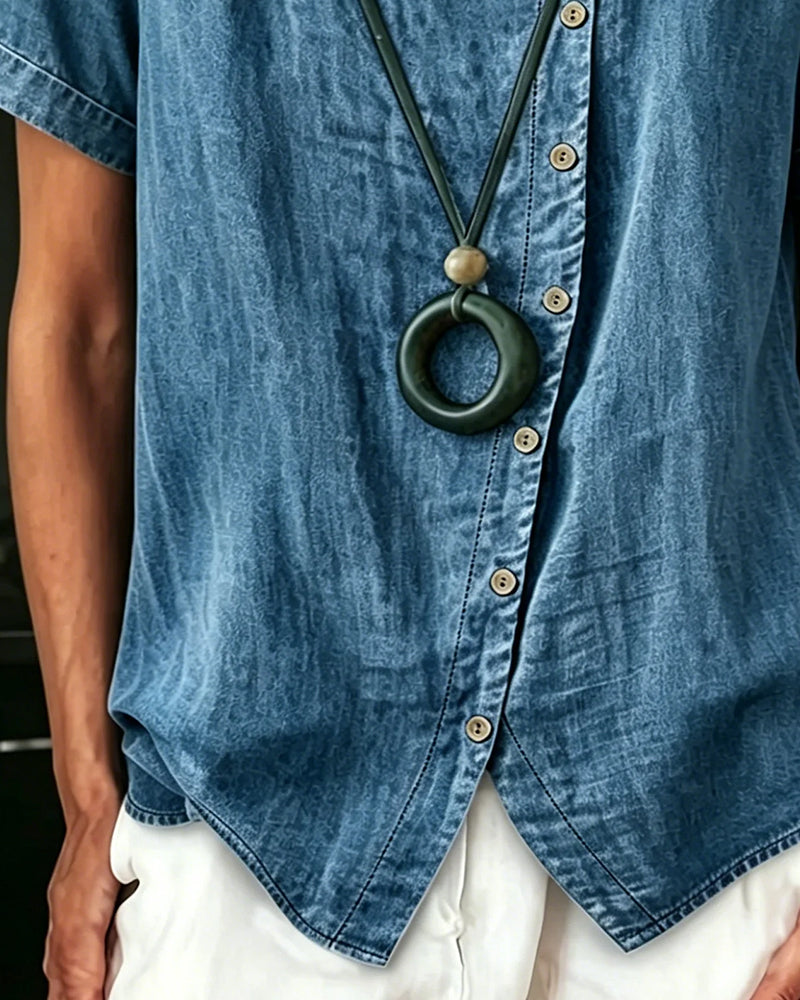 Blus Asymmetrisk Rund Halsning Denim