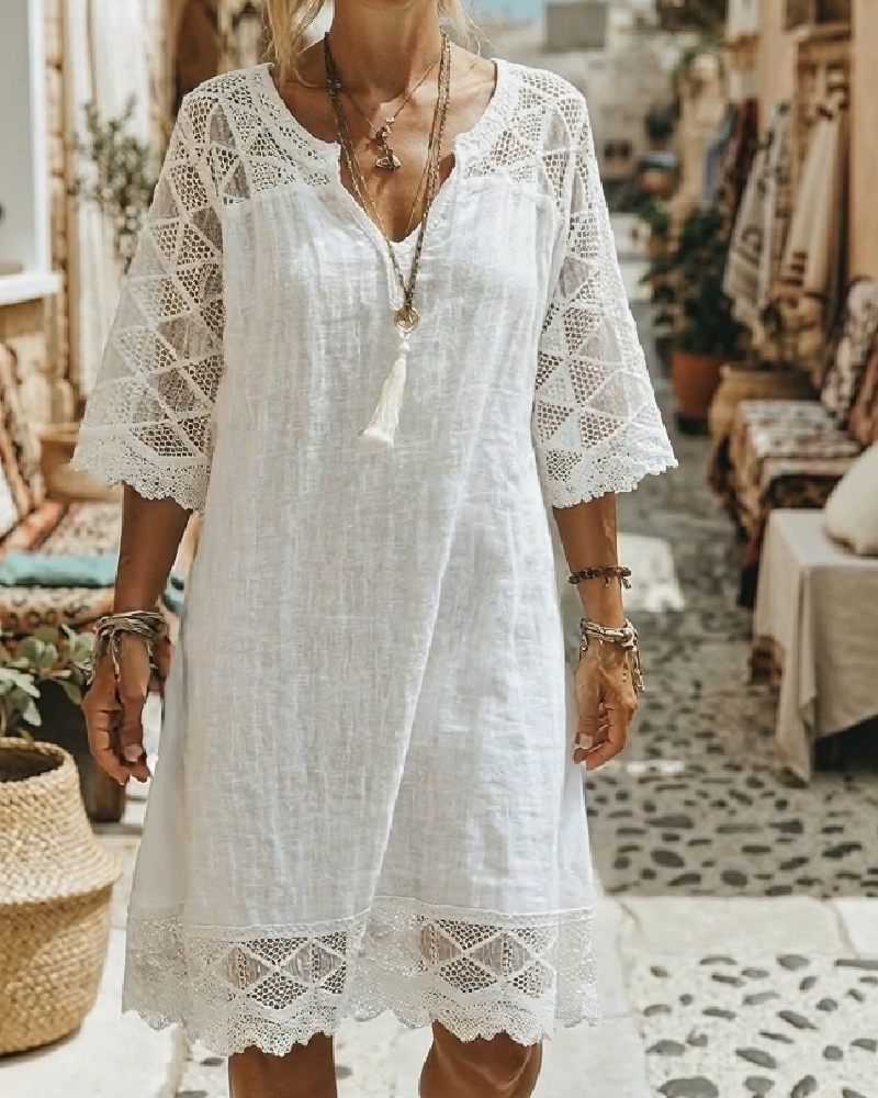 Klänning V-ringning Spets Patchwork Casual