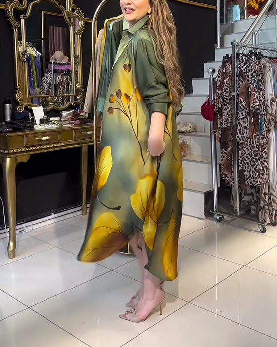 Lapel pocket ombre print klänning