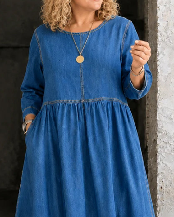 Klänning Rund Hals Veckad Lång Ärm Denim