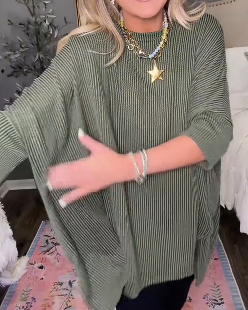 Stickad Topp Rundhalsad Fladdermusärm Loose Fit