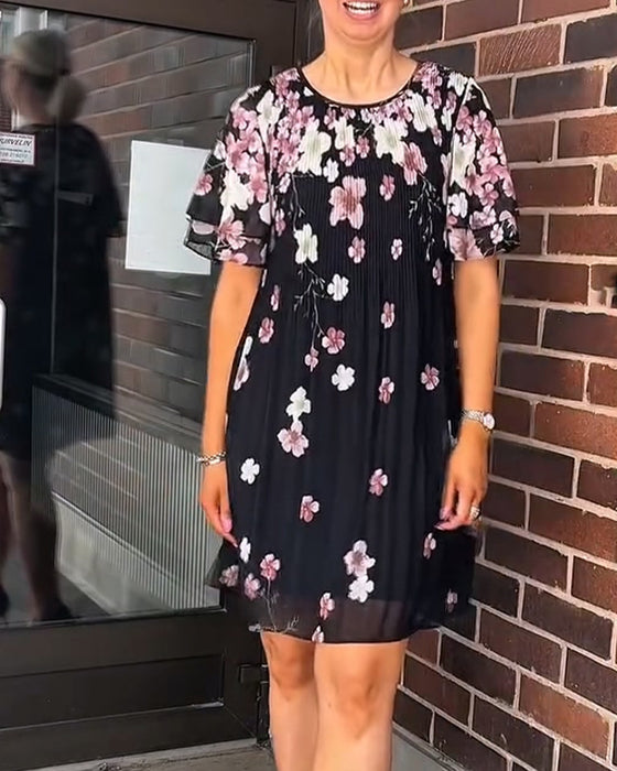 Klänning Ruffle Kortärmad Blommig Veckad