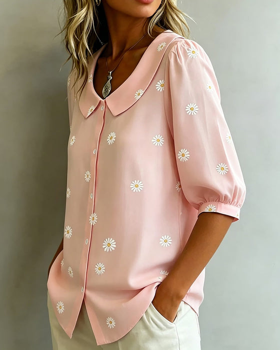 Avslappnad Blus Blommig Puffärmar