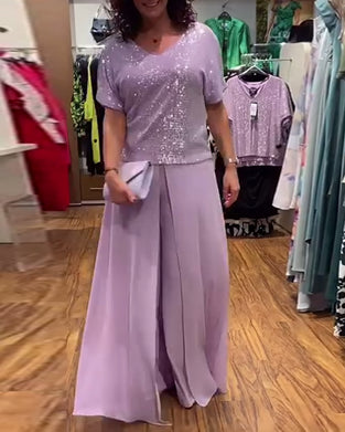 V-ringad kortärmad blus med lös paljett