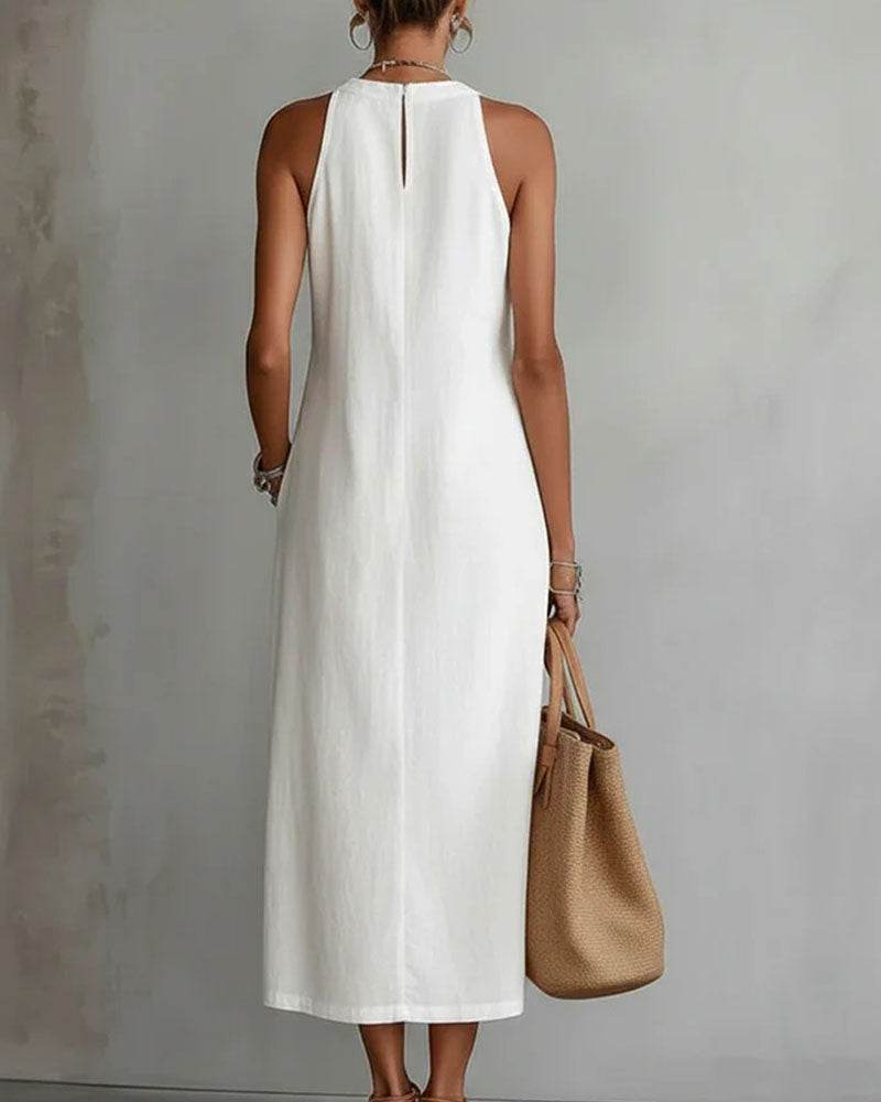 Klänning Ärmlös Spets Lapptäck Linne Bomull Midi