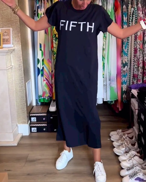 Fritidsklänning med volang ärm med bokstavstryck