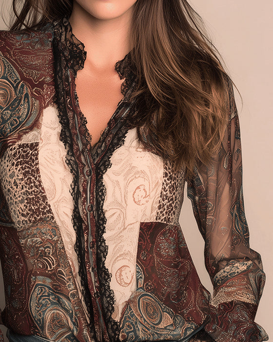 Skjorta Retrotryck Lapptäcks Långärmad