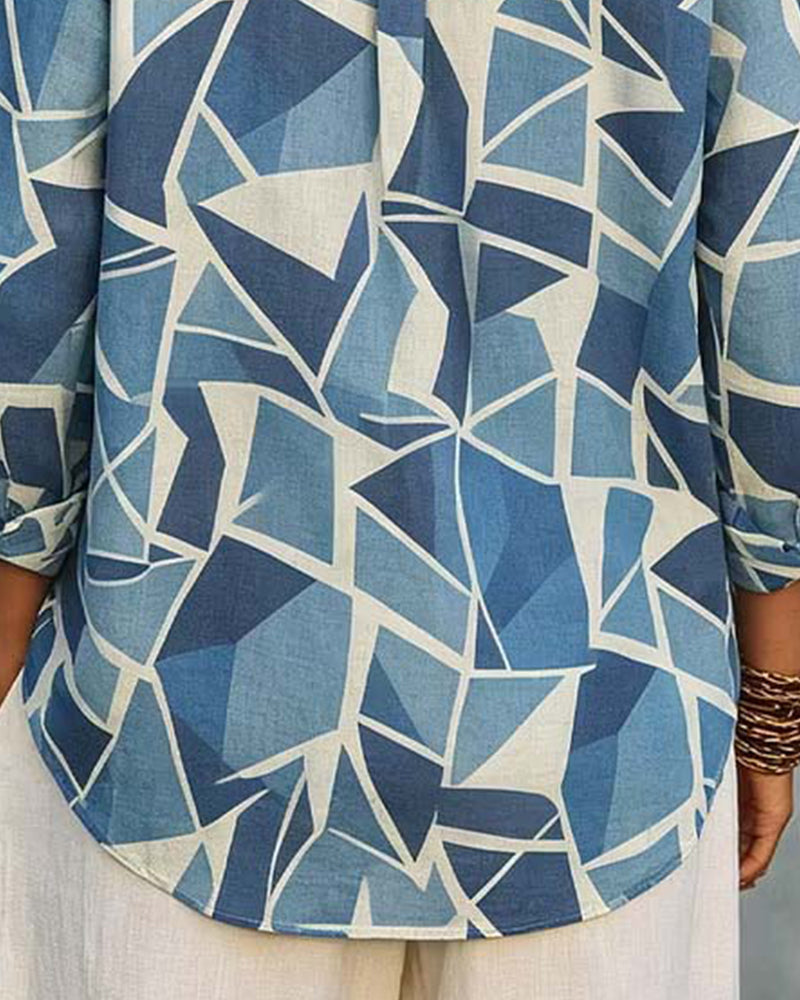Blus Geometrisk Tryck Krage Lång Ärm