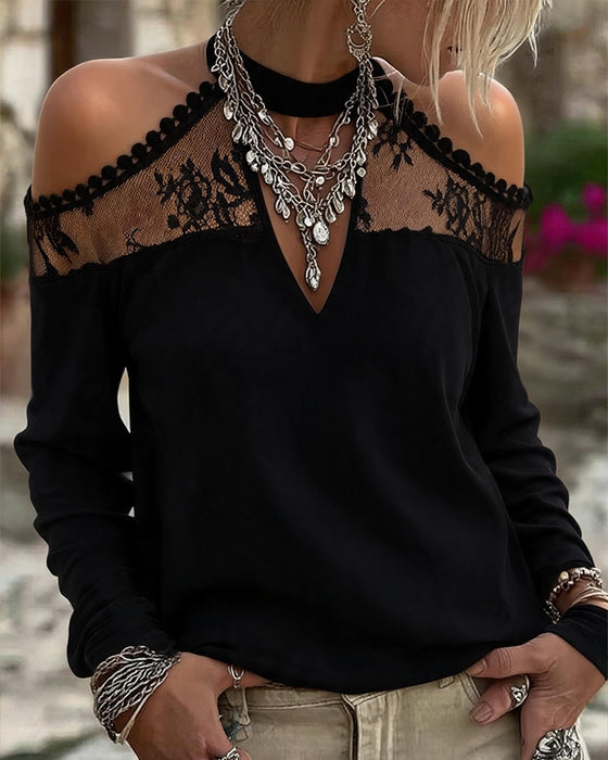 T-Shirt V-Hals Spets Patchwork Off-Shoulder