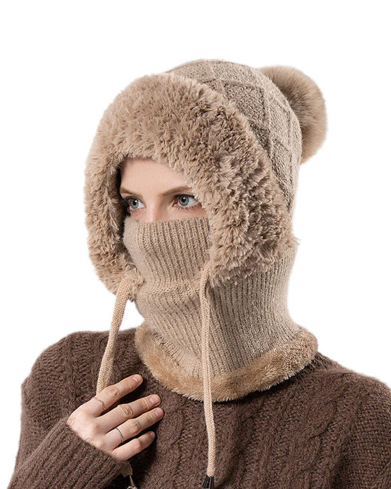 🔥Stilren Tjockstickad Vintermössa – Med Varm Ansiktsskydd Och Halsduk🧣