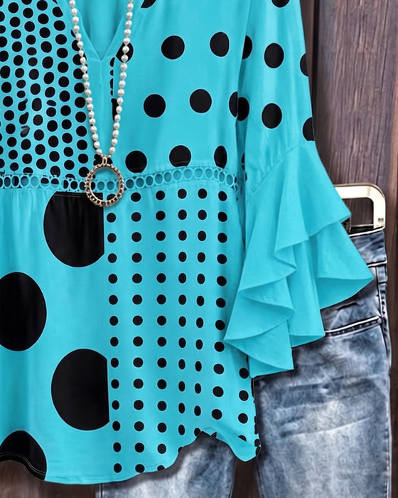 Blus Blandad Prickig Patchwork Ruffle