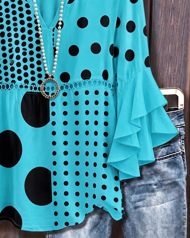 Blus Blandad Prickig Patchwork Ruffle