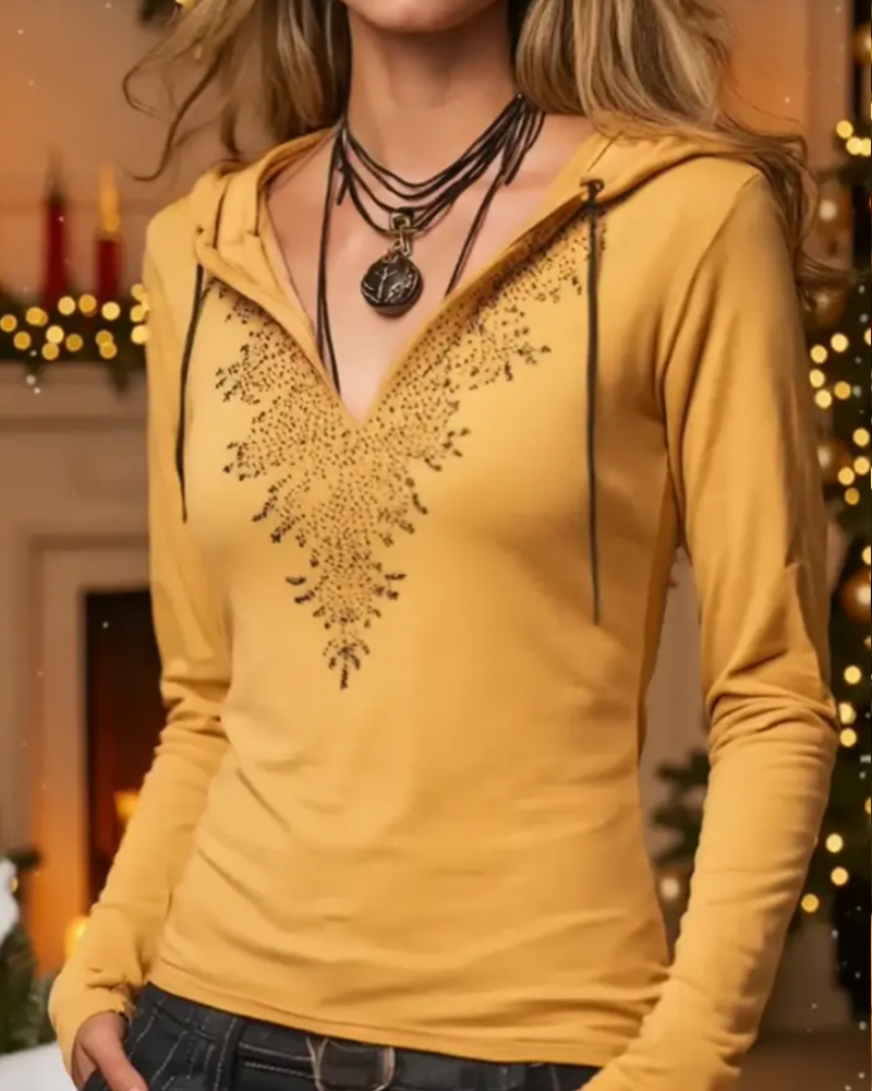 Topp Med Huva Casual Långärmad Tryckt