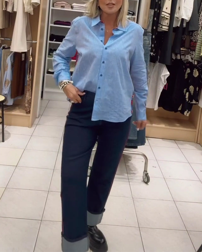 Skjorta Krage Lång Ärm Knäppning