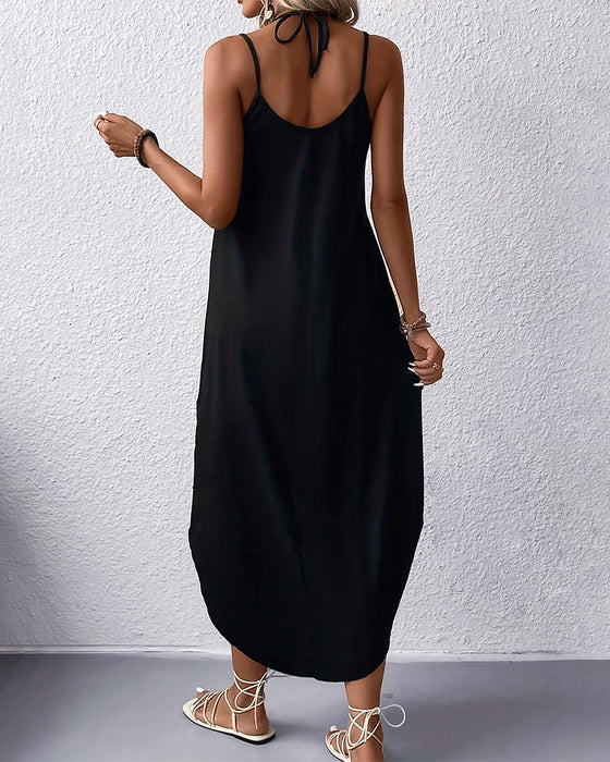 Klänning V-Ringning Hängslen Slits Tryckt