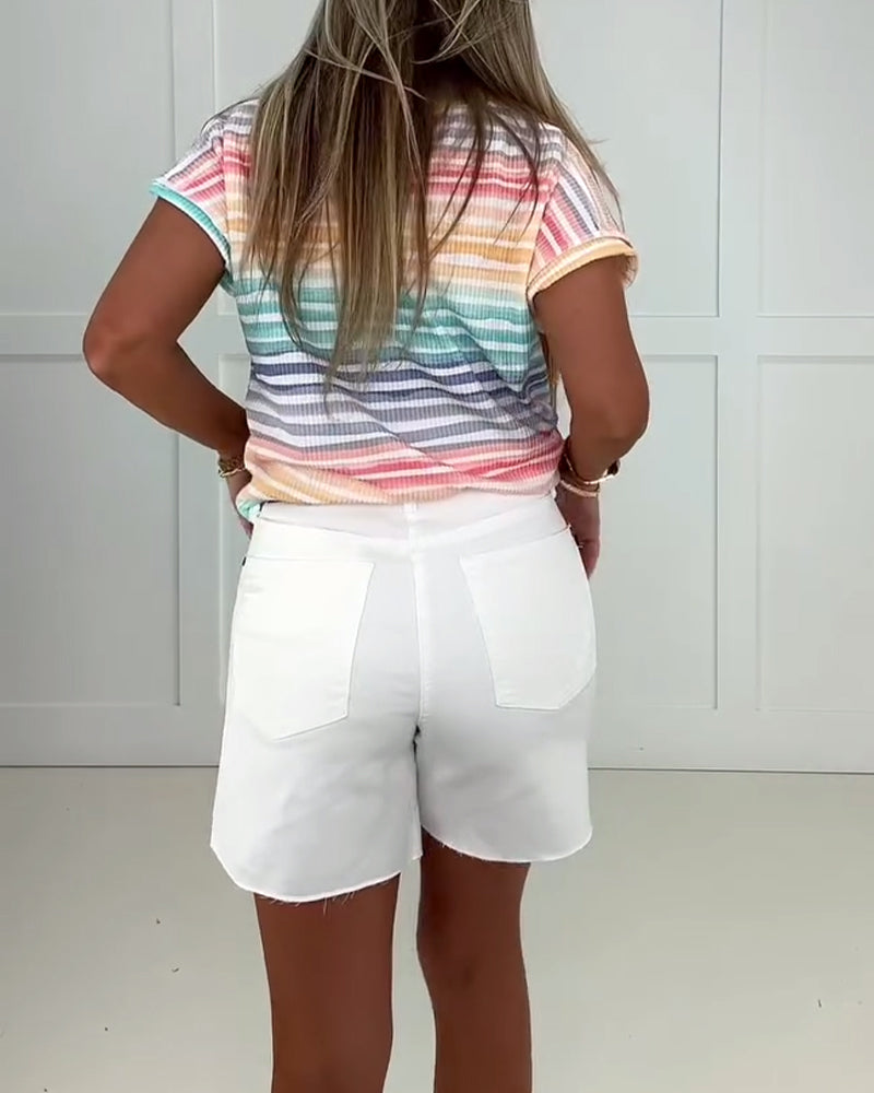 Topp Regnbågsgradient Randig V-Ringad Kortärmad