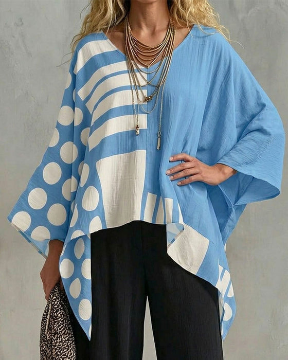 Blouse Polka Dot Rand Patchwork V Ringning