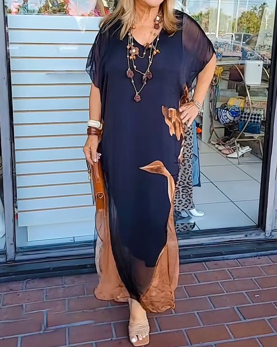 Klänning Fladdermusärm Chiffong Tryck Maxi