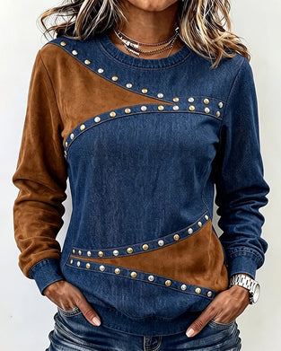 Topp Rund Hals Denim Spliced Färgblock
