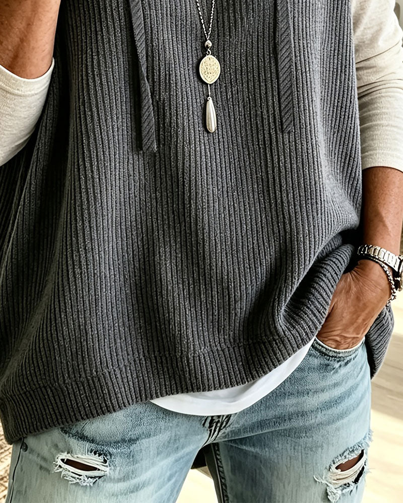 Linne Med Huva Räfflad Dragsko Pullover